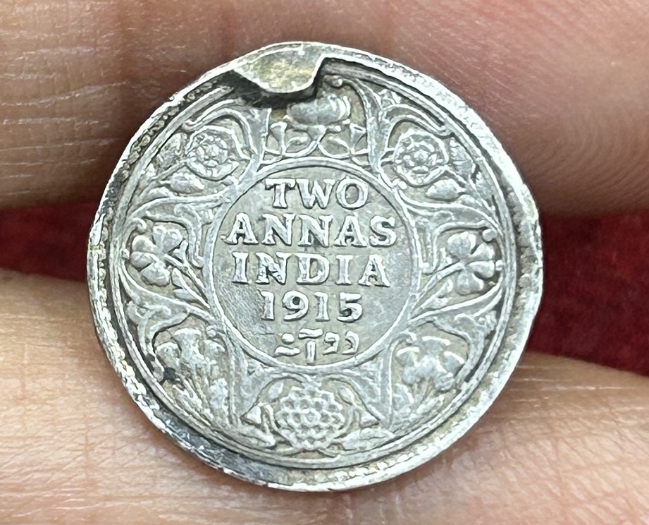 British-India Two Annas 1915 (George V) Rare Silver Coin#K-219