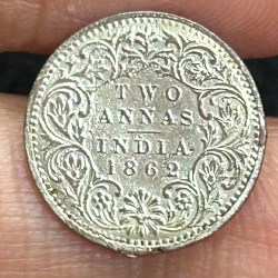 British- India 2 Annas - Victoria (1862) Rare Silver Coin#S-100