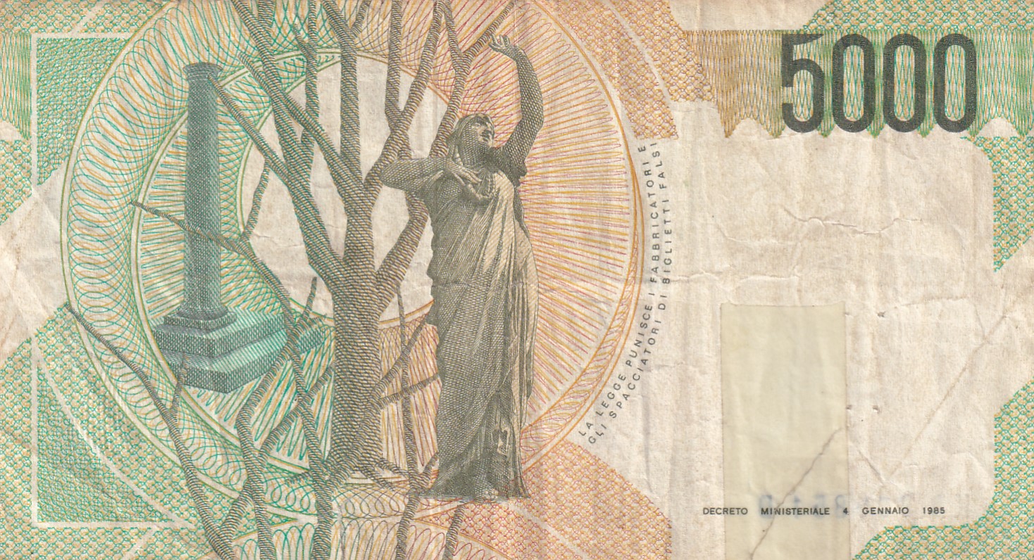 Italy 5000 Lire Bellini (Low Condition Damage Note) #B2