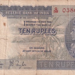 BRITISH-INDIA 10 RUPEES GEORGE VI GOVERNOR J.B.TAYLOR RARE NOTE