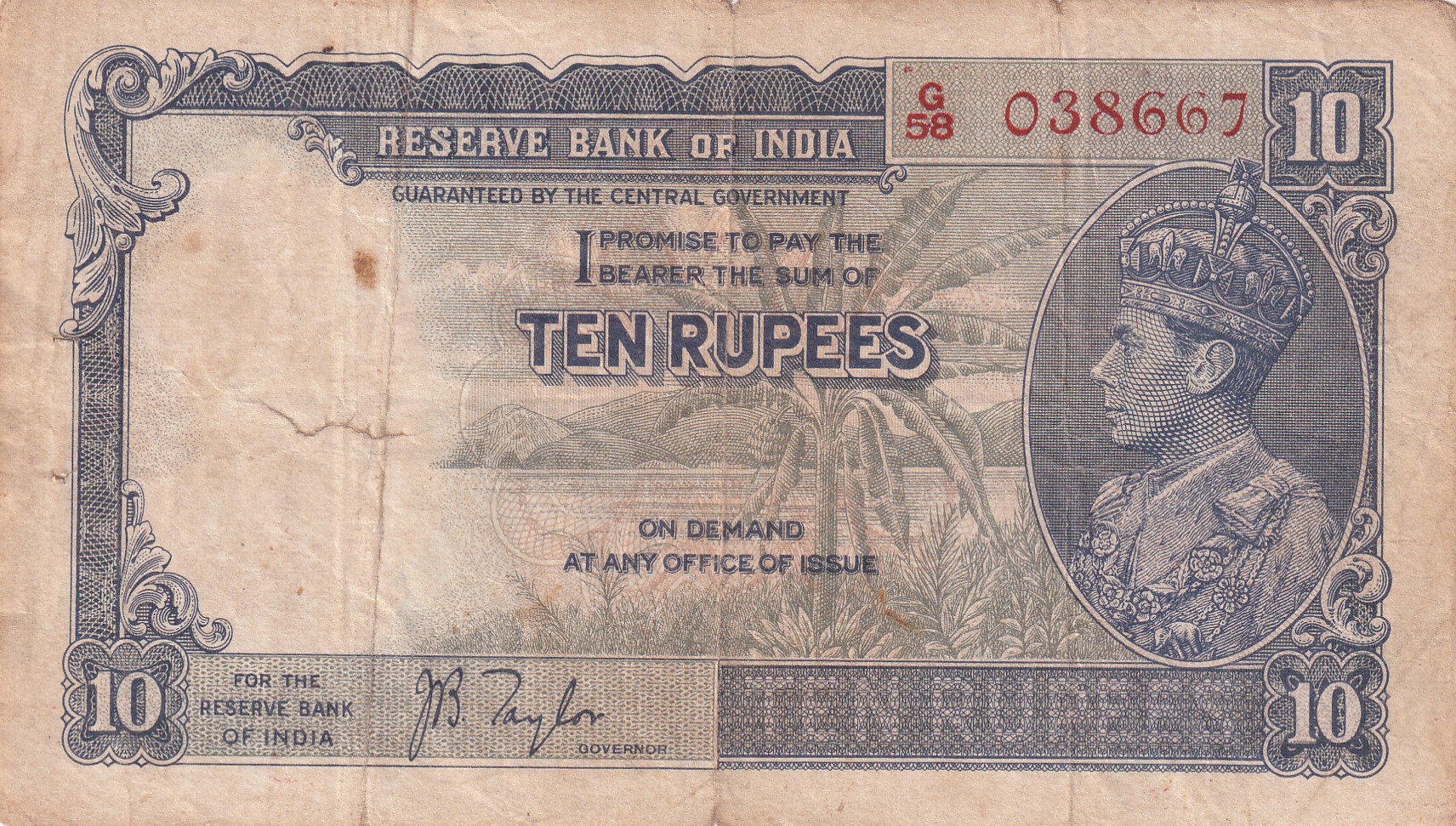 BRITISH-INDIA 10 RUPEES GEORGE VI GOVERNOR J.B.TAYLOR RARE NOTE