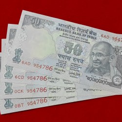 50 RUPEE OLD ISSUE NOTE ENDING 786 AND SANE SERIAL NO. 954786 SET OF 4 NOTES