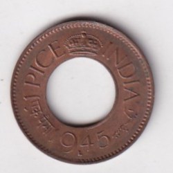 BRITISH -INDIA 1 PICE GEORGE VI 1945 (FC WITH RAISED "L" BELOW THE DATE) RARE UNC COIN #K-236