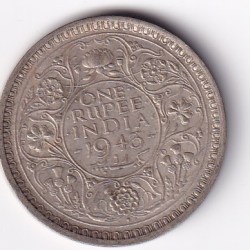 India - British 1 Rupee 1943 - George VI RARE SILVER COIN #C-91