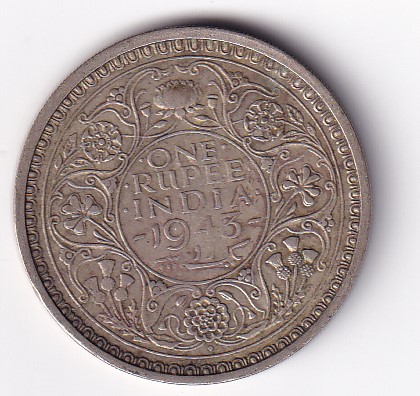 India - British 1 Rupee 1943 - George VI Rare Silver Coin #C-92