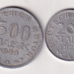 Germany 2 Different Denomination 500 mark and 200 mark 1923 old ishu Rare (2 Coin) Set#N-471