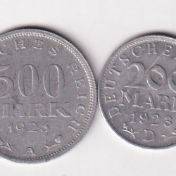 Germany 2 Different Denomination 500 mark and 200 mark 1923 old ishu Rare (2 Coin) Set#N-474