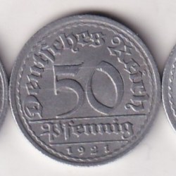 Germany 50 Penning Unc (1920,1921,1922) Rare (3 Coin) Set#N-483