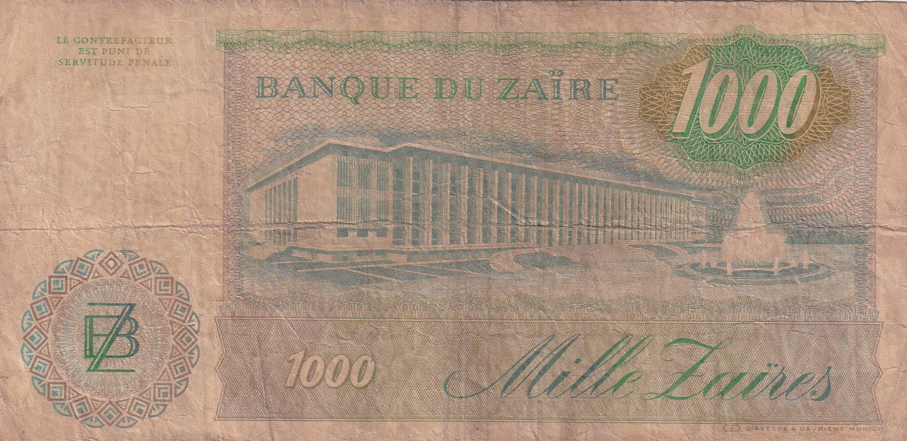 Congo (Zaire) 1000 Zaïres (1985) Rare Note#B2