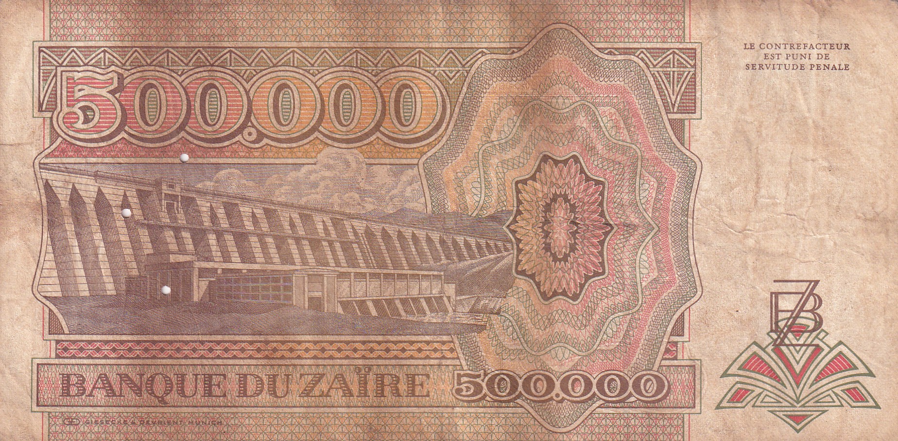 Zaire 500000 Zaïres (1992) Rare Note#B2