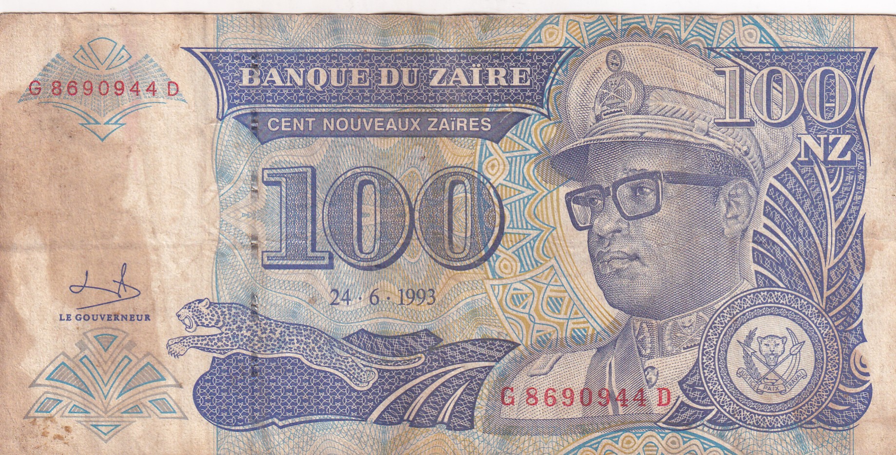 Zaire 100 Nouveaux Zaïres (1993) Rare Note#B2