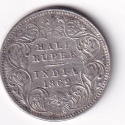 India - British ½ Rupee 1862 - Victoria Rare Silver Coin