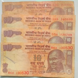 Alternative view of USED 10 Rupee Old Issue Note of 4 Different Birthday Special Date Notes Collection Same 4 Notes Set Given