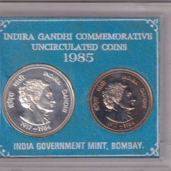 Alternative view of 1985 Indira Gandhi Commemorative UNC 2 Coin Set Bombay Mint (With Card & Cover)