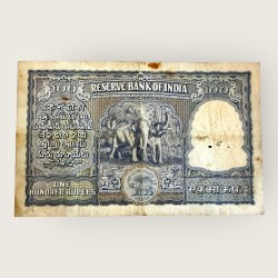 Alternative view of Rs 100 Republic India Banknote 1950s Elephant Issue Signed H V Iyengar Red Serial Rupiye Issue