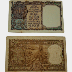 Alternative view of One Rupee Old BIG COIN Year 1963 and 2 Rupees Old ORNAMENTAL Diamond Issue Signs L.K JHA Pair 2 Notes are in High Collectable Grades.