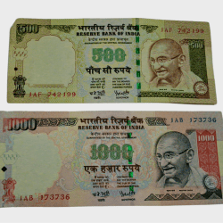 500 Rupees & 1000 Rupees Year 2005 "R" INSET Signs Y.V REDDY Pair 2 Notes **RARE** High Collectable AUNC Grades corners damaged.