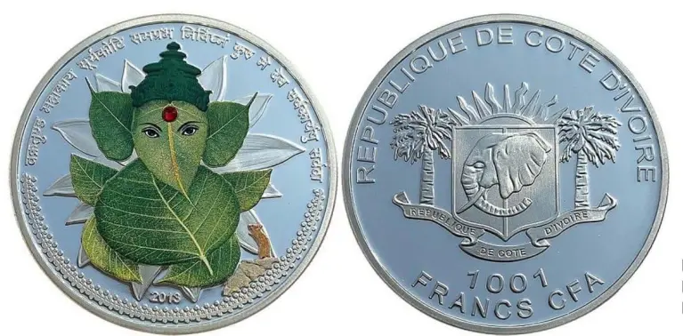 Ivory Coast 1001 Francs CFA Lord Ganesha with Peepal leaves Commemorative issue Rare Coin Set Unique and Rare - Image 4