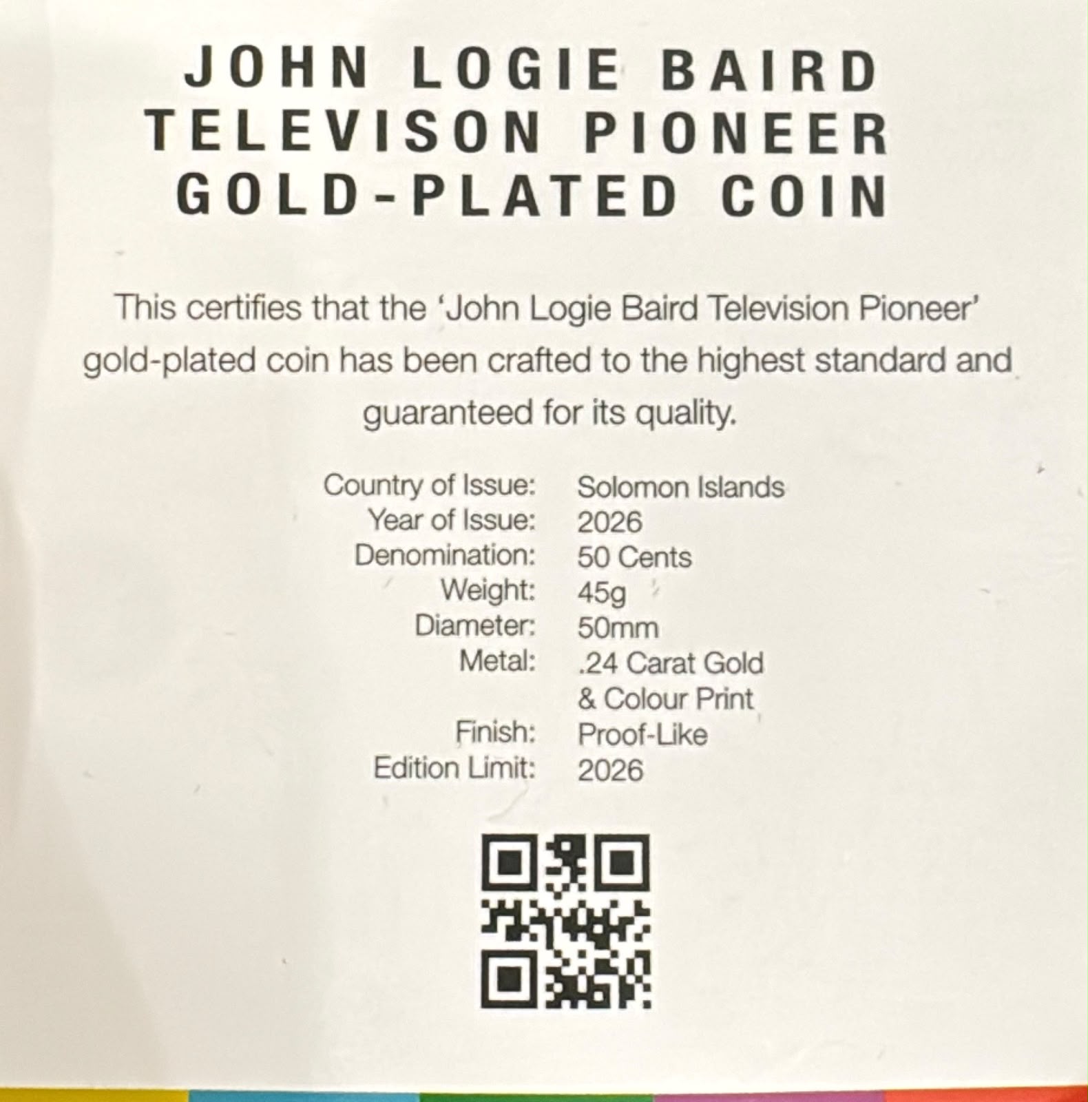 Solomon Islands 50 Cents 2026 - Charles III John Logie Baird Brilliant Uncirculated Gold -plated Rare Coin