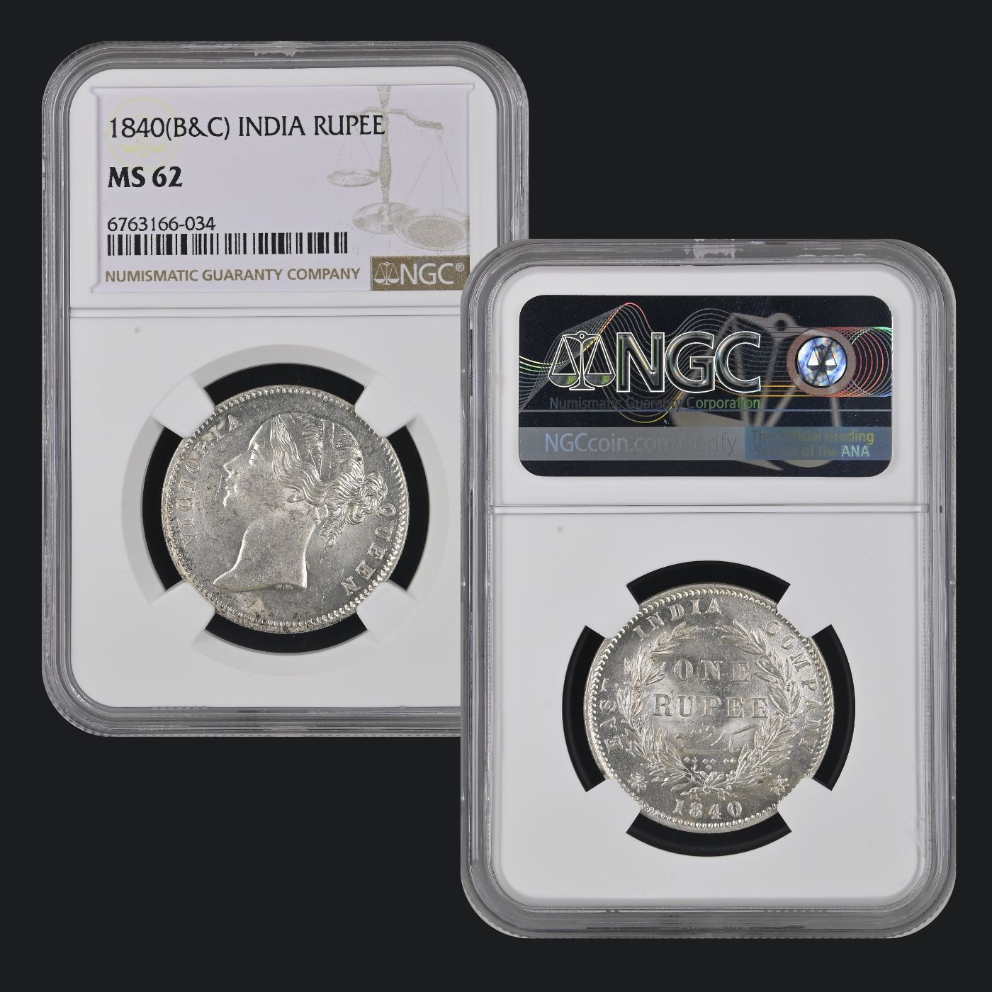 INDIA RUPEE VICTORIA QUEEN 1840 NGC GRADED UNC GRADE MS 62