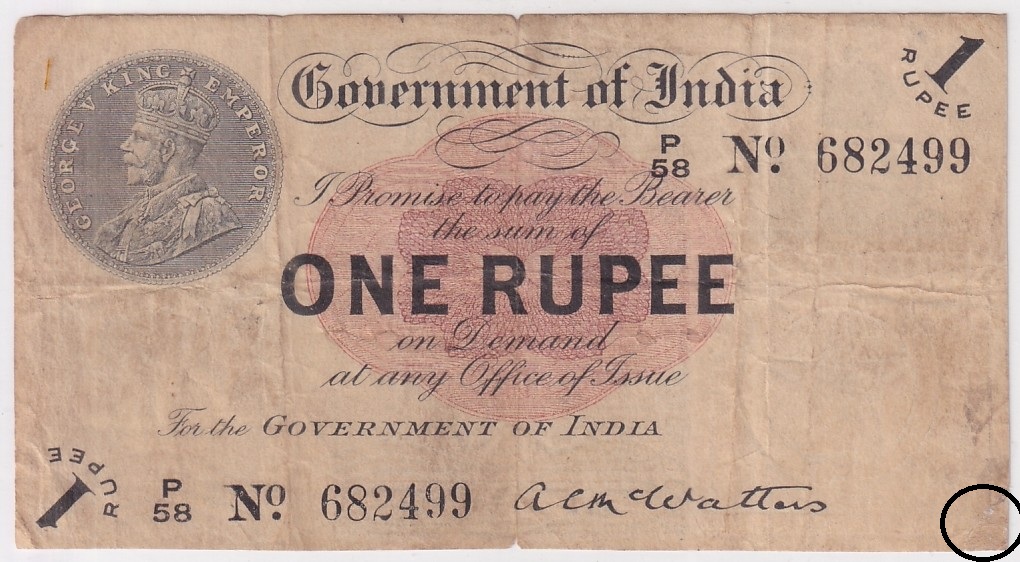 Ex Rare 1 Rupee 1917 A C Watters Sign Small Repair Note Fine Detail