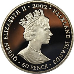 Alternative view of United Kingdom (Falkland Islands) 50 pence -(Elizabeth II Queen talking in microphone) 2002 Rare Unc Commemorative Coloured Coin#J-12