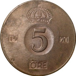 Alternative view of Bronze 5 Ore of Gustaf VI (AD 1970) of Sweden
