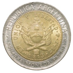Alternative view of Bi-Metallic 1 Peso of Argentina (AD 2013) Commemorative issue - Bicentennial of the First Patriotic Coin
