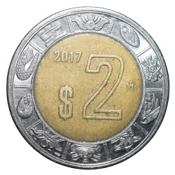 Alternative view of Bi-Metal 2 Pesos of Mexico (AD 2017) with National emblem of Mexico