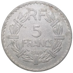 Alternative view of Aluminium 5 Francs of France (AD 1949) with Head of Laureate
