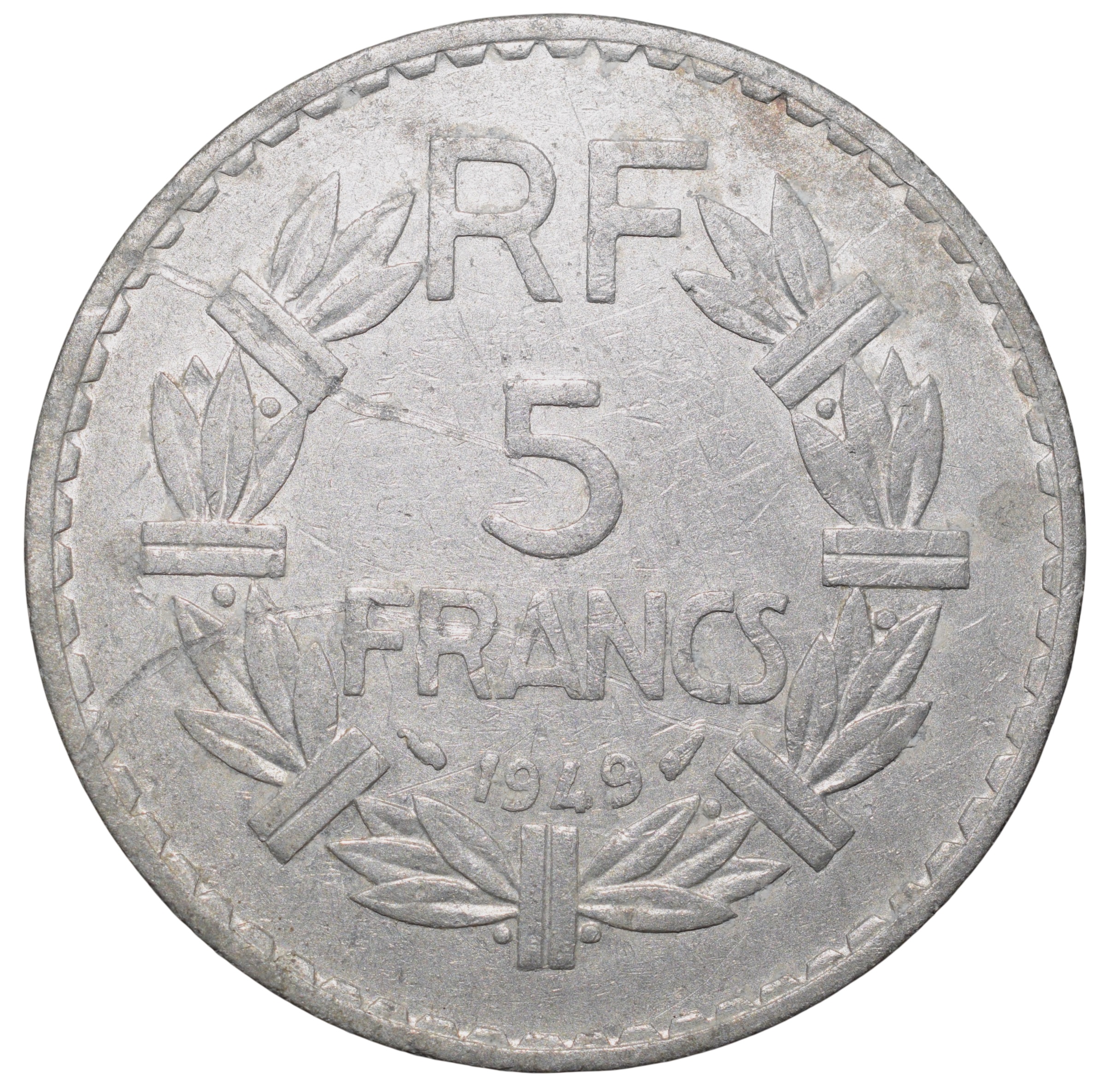 Aluminium 5 Francs of France (AD 1949) with Head of Laureate