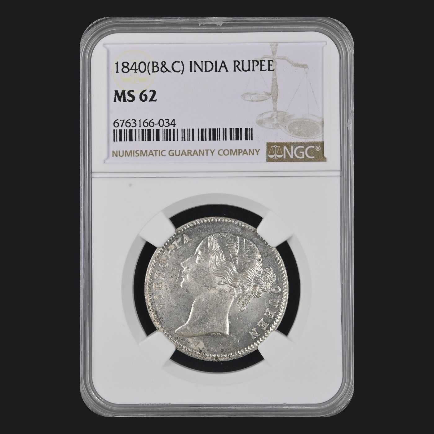 INDIA RUPEE VICTORIA QUEEN 1840 NGC GRADED UNC GRADE MS 62 - Image 2