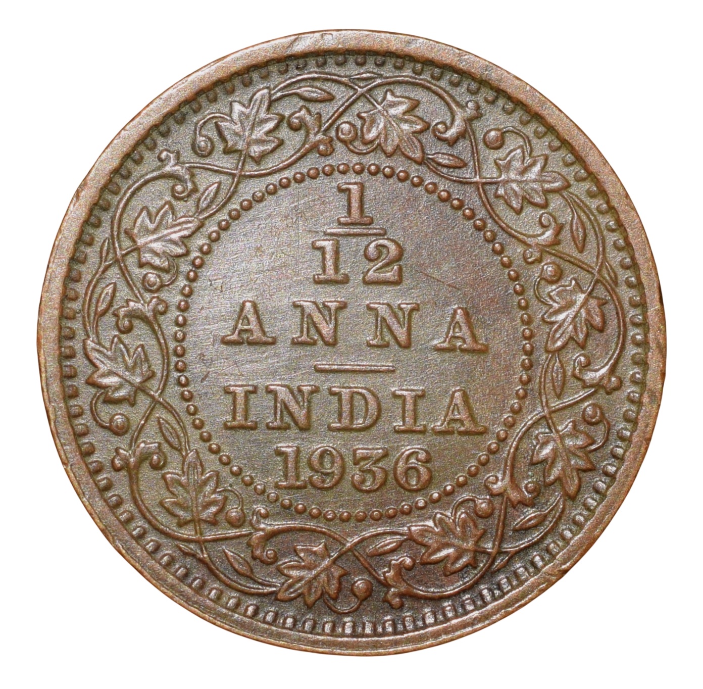 Bronze 1/12 Anna of George V (AD 1936) of Calcutta Mint Beautiful Grade
