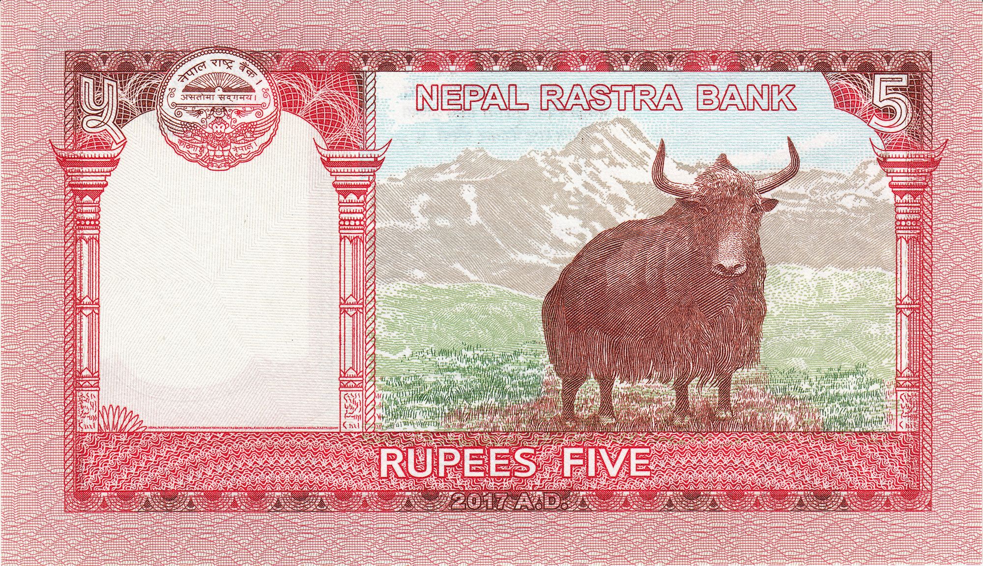 5 Rupees of Nepal Country (AD 2024) with Wild Yak, Limi Himal of Humla
