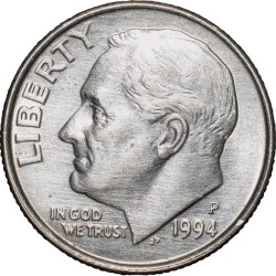 Copper-Nickel 1 Dime of USA (AD 1994) with Portrait of Franklin D. Roosevelt