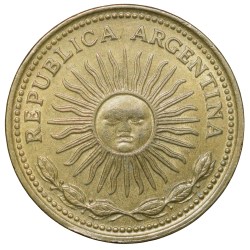 Brass 10 Pesos of Argentina (AD 1976) with 'Sol de Mayo' (Spanish: 'Sun of May')