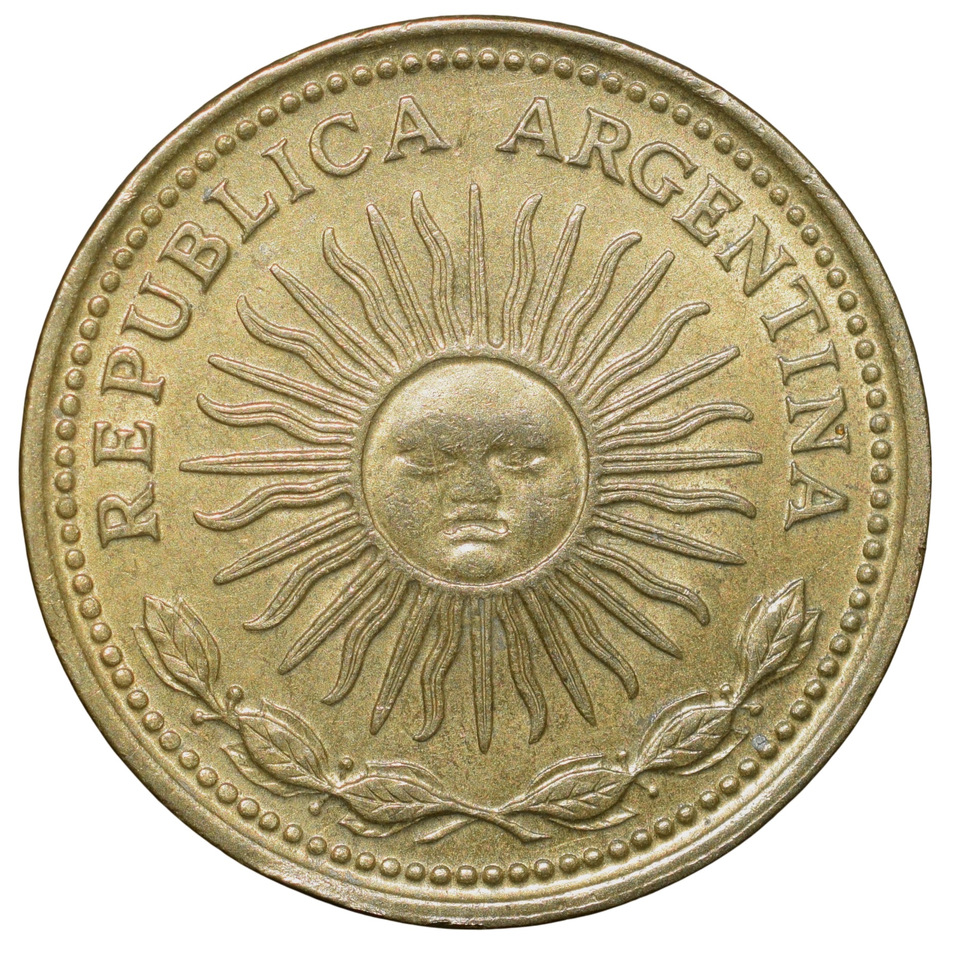 Brass 10 Pesos of Argentina (AD 1976) with 'Sol de Mayo' (Spanish: 'Sun of May')