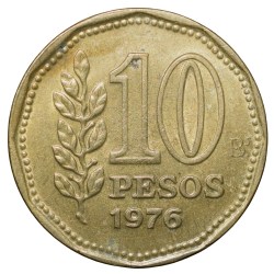 Alternative view of Brass 10 Pesos of Argentina (AD 1976) with 'Sol de Mayo' (Spanish: 'Sun of May')