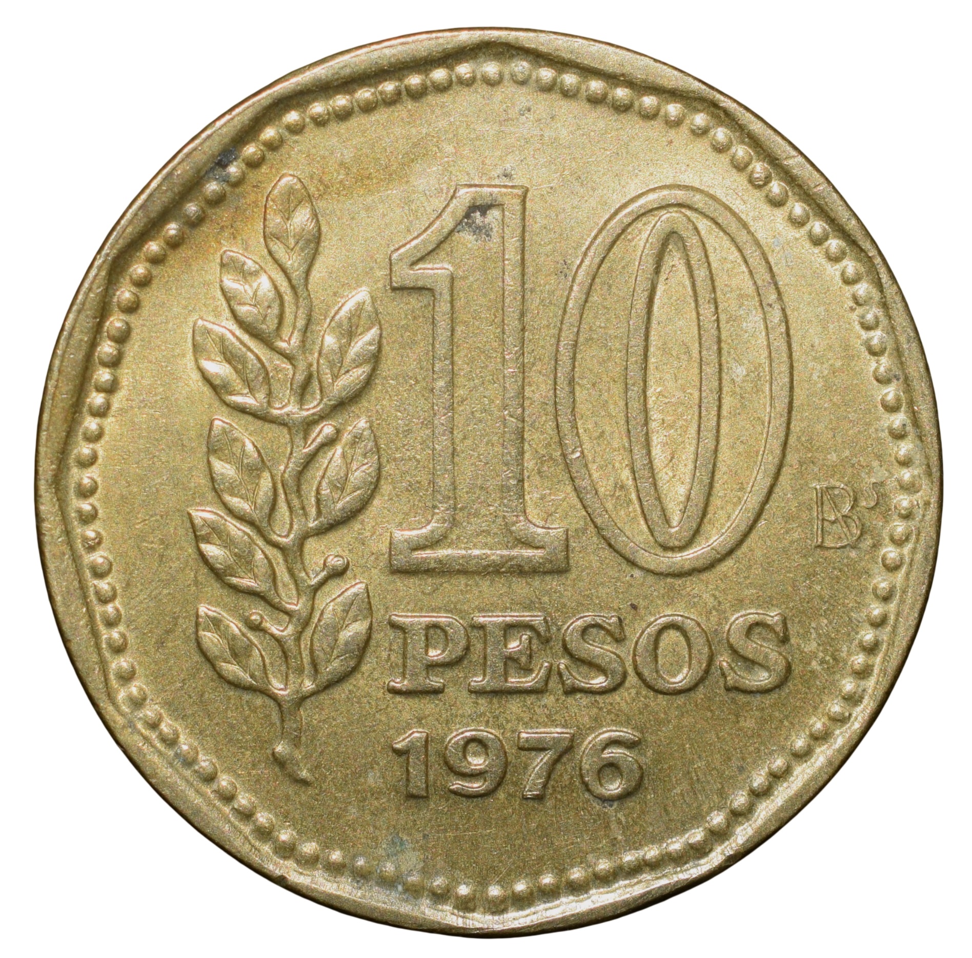 Brass 10 Pesos of Argentina (AD 1976) with 'Sol de Mayo' (Spanish: 'Sun of May')