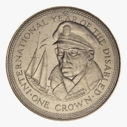 British Crown dependencies › Isle of Man 1 Crown - (Sir Francis Chichester) 1981 Rare Unc Commemorative Coin#J-10