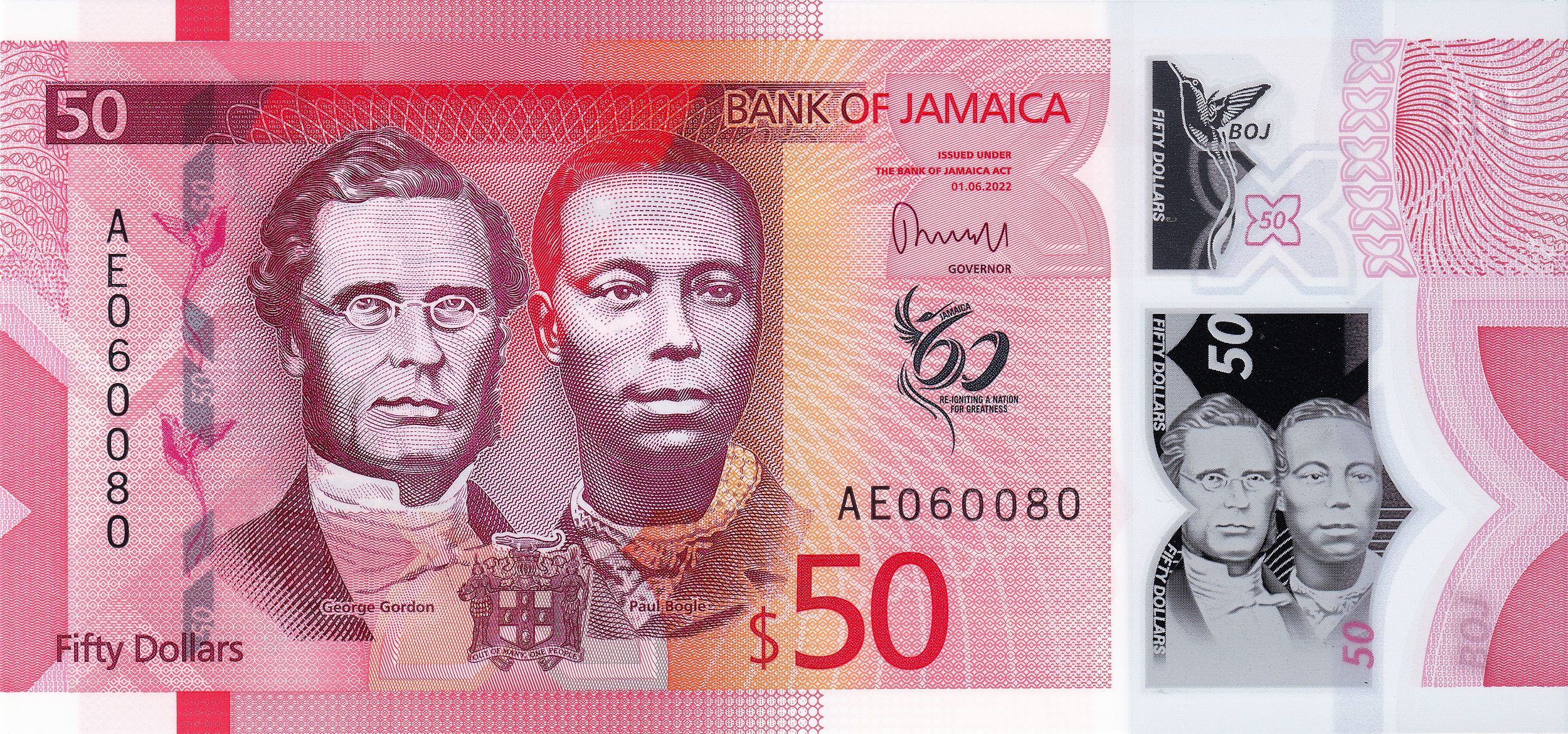 Polymer 50 Dollars of Jamaica (AD 2022) Commemorative issue - 60 Years of Independence UNC Grade Rare