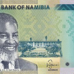 Alternative view of 10 Dollars of Namibia (AD 2025) with Dr. Sam Nujoma and Parliament Building in Windhoek/The springbok Antelope UNC Grade