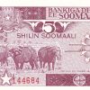 5 Shillings of Soomaaliya (AD 1987) with Cape Buffalo herd/Banana plantation UNC Grade Rare