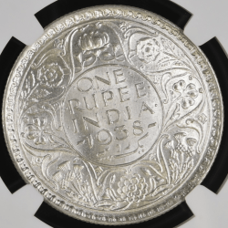 Alternative view of Extremely Rare 1 Rs 1938 Bombay Mint NGC GRADED MS 62 British INDIA RUPEE of George VI King Emperor