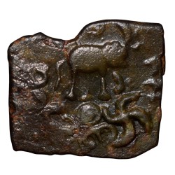 Copper Coin of Satisa (1st Cen.BC) from Vidarbha(Paoni) with Elephant, Swastik, Nandipad/Tree & River Ext. Rare