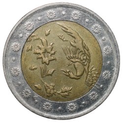 Bi-Metal 500 Rials of Iran (AD 2003-2007) with A stylized bird flying over and looking down on a stylized flower