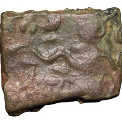Copper Coin of Ancient City-State from Narmada Valley (2nd Cen. BC) with 6-Armed Symbol, Ujjaini Symbo, River & Brahmi Legends/6-Arched Hill
