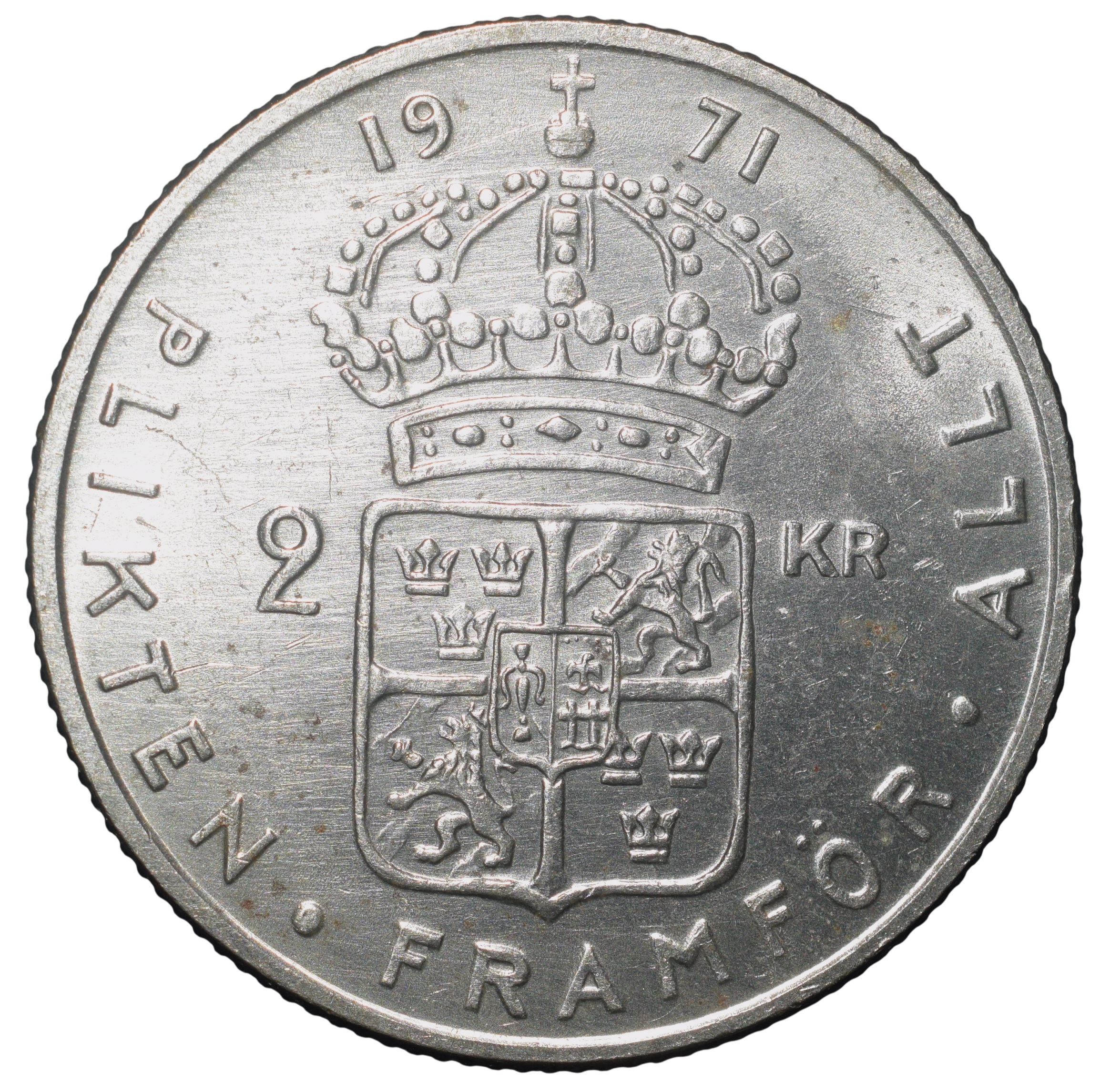 Copper-Nickel 2 Kroner of Gustaf VI Adolf (AD 1971) of Sweden Country Large Size
