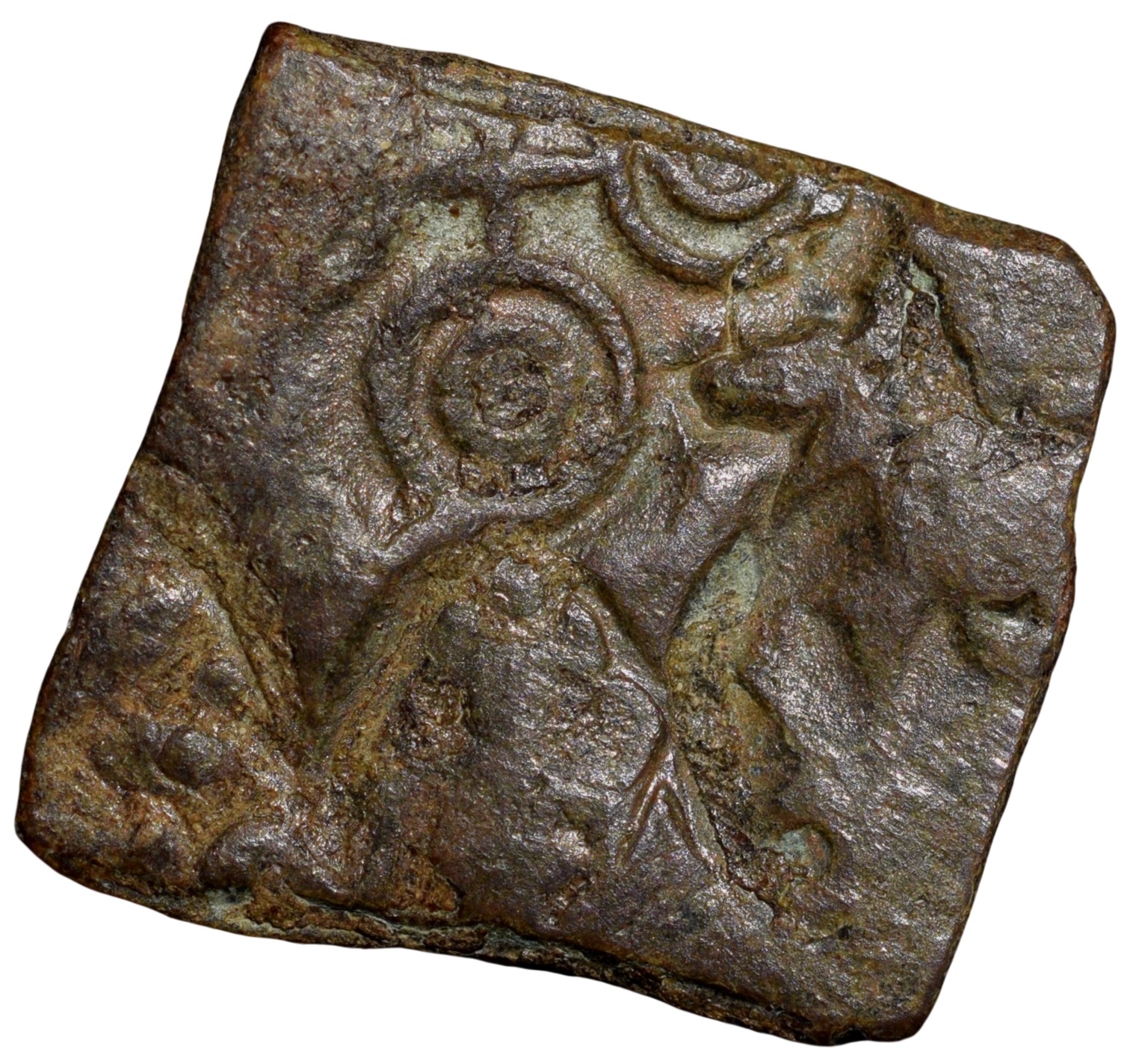 Copper Punch-Marked of Bhadra/Mitra Dynasty (2nd Cecn.BC) with Ujjaini Symbol, Bull & River Goddess 'Bena' Extremely Rare