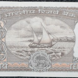 Alternative view of 10 Rupees of Republic India (AD 1984-1985) Manmohan Singh Signature Black note with Boat UNC Grade